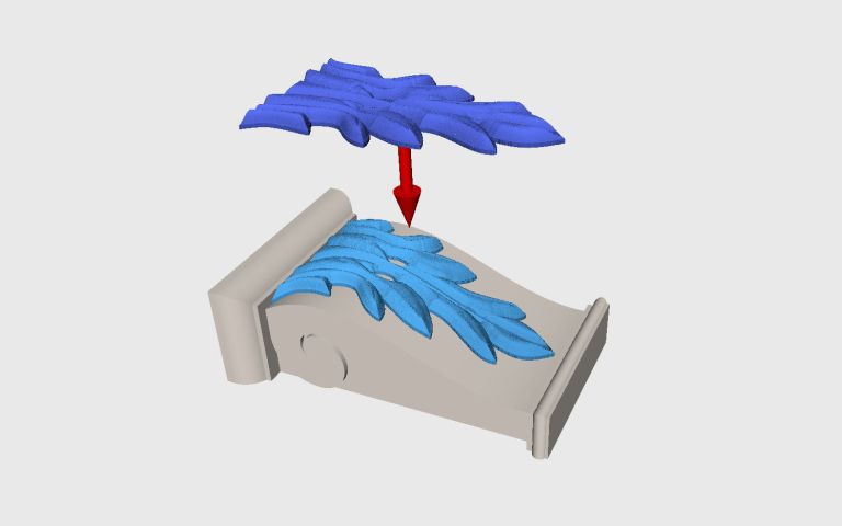 Ein flaches 3D-Modell in Form eines Akanthusblattes wird auf die Wölbung einer Corbel projiziert.