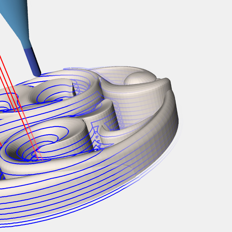 CNC-Werkzeugwege an einem künstlerischen 3D-Modell mit Spiralelementen