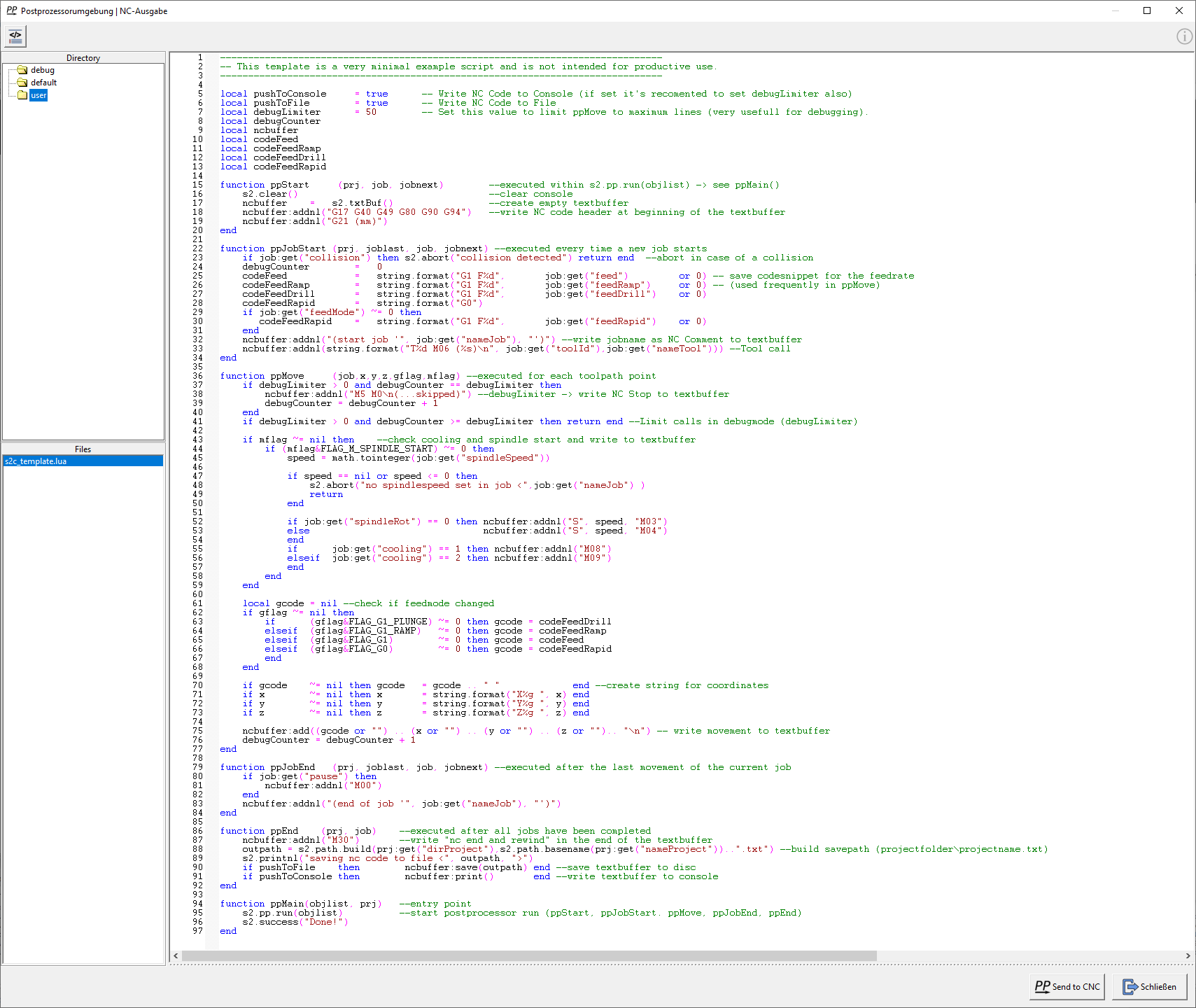 The screenshot shows an advanced example in the postprocessor environment for editing send2cnc postprocessor scripts.